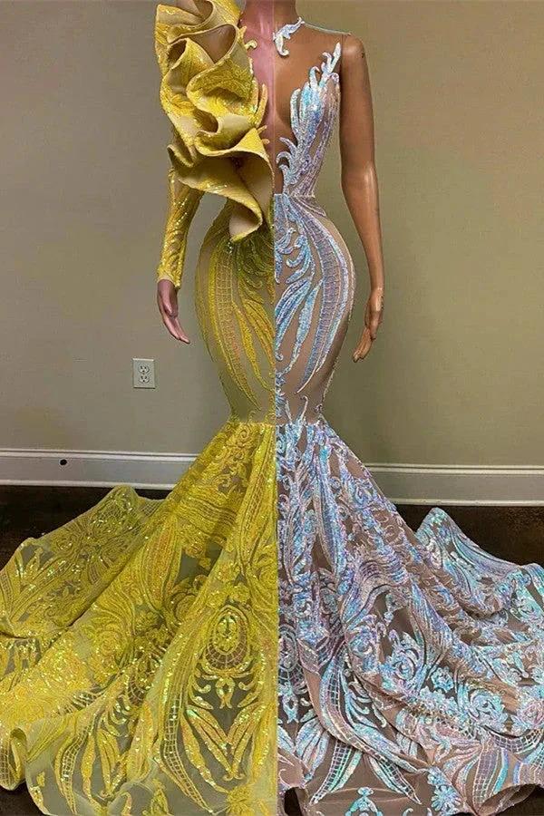 Gorgeous V-neck One Shoulder Long Sleeve Floor-length Mermaid Prom Dresses by misshow.com