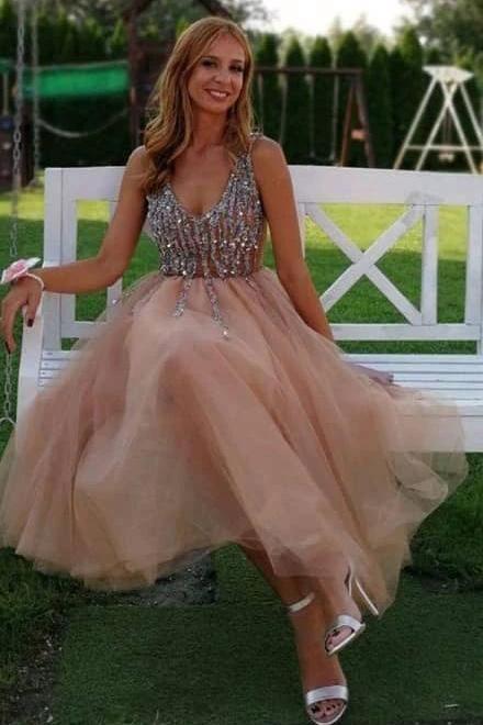 Gorgeous V Neck Peach Homecoming Dress Party Dress with Pearls PD417 by pgmdress
