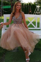 Gorgeous V Neck Peach Homecoming Dress Party Dress with Pearls PD417 by pgmdress