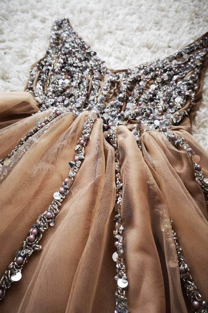 Gorgeous V Neck Peach Homecoming Dress Party Dress with Pearls PD417 by pgmdress