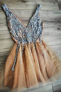 Gorgeous V Neck Peach Homecoming Dress Party Dress with Pearls PD417 by pgmdress