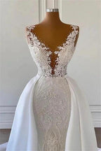 Gorgeous V-neck Sleeveless A-line Wedding Dress With Detachable Train by misshow.com