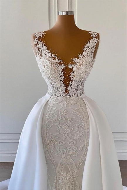 Gorgeous V-neck Sleeveless A-line Wedding Dress With Detachable Train Main Image
