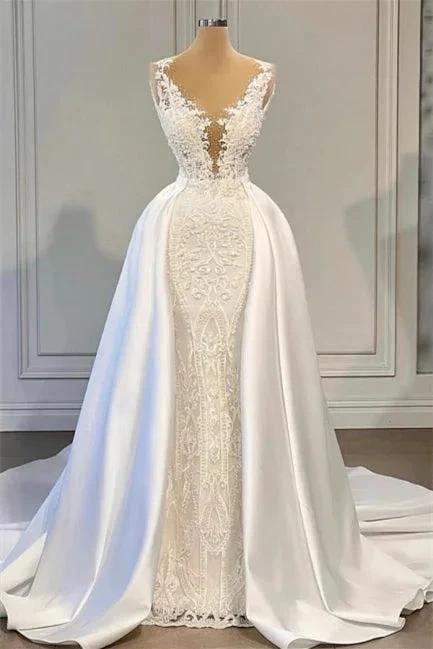 Gorgeous V-neck Sleeveless A-line Wedding Dress With Detachable Train by misshow.com