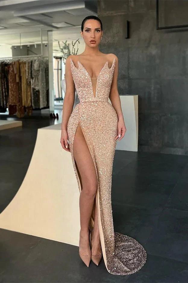Gorgeous V-neck Sleeveless Long Mermaid Prom Dress With Slit by misshow.com