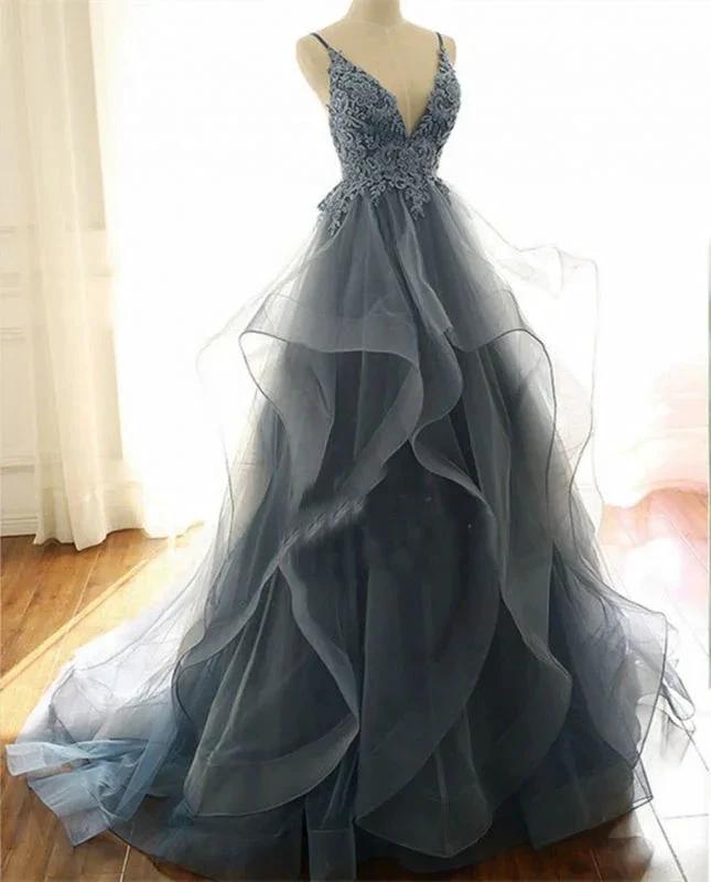 Gorgeous V Neck Spaghetti Straps Dark Blue Prom Dress With Ruffles by misshow.com