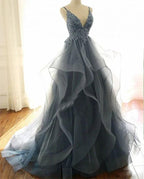 Gorgeous V Neck Spaghetti Straps Dark Blue Prom Dress With Ruffles by misshow.com