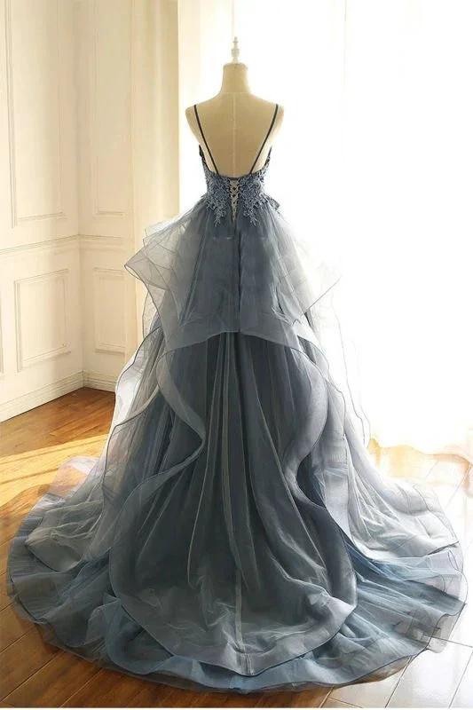 Gorgeous V Neck Spaghetti Straps Dark Blue Prom Dress With Ruffles by misshow.com