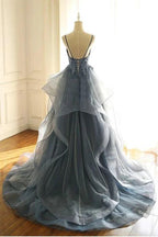 Gorgeous V Neck Spaghetti Straps Dark Blue Prom Dress With Ruffles by misshow.com