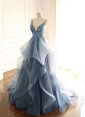 Gorgeous V Neck Spaghetti Straps Dark Blue Prom Dress With Ruffles by misshow.com