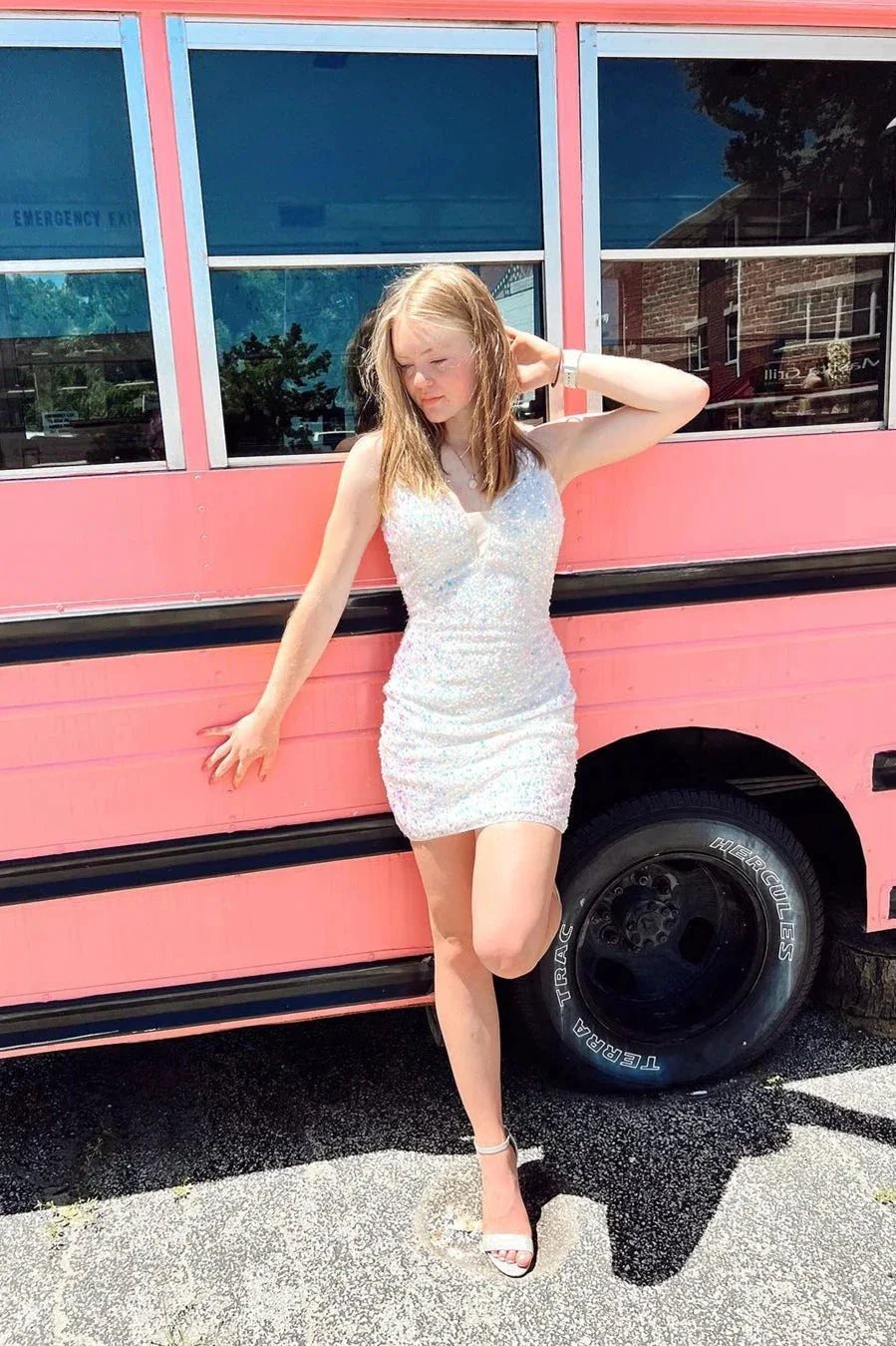 Gorgeous V-neck Spaghetti Straps Sequined Sleeveless Homecoming Dresses by misshow.com