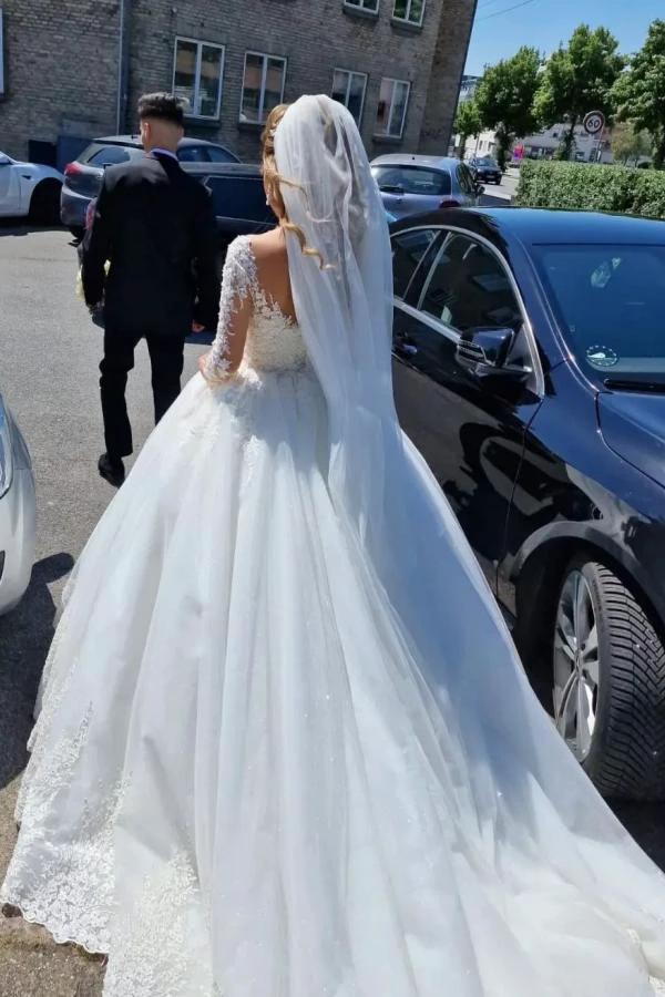 Gorgeous White Long A-line V-neck Lace Wedding Dress with Sleeves by BIZTUNNEL