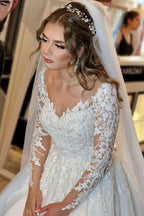 Gorgeous White Long A-line V-neck Lace Wedding Dress with Sleeves by BIZTUNNEL