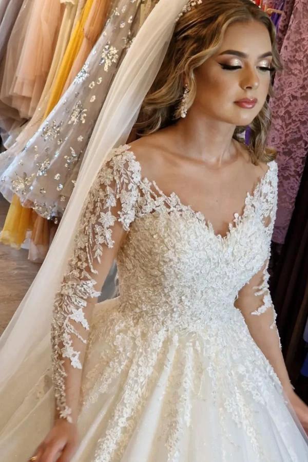Gorgeous White Long A-line V-neck Lace Wedding Dress with Sleeves by BIZTUNNEL