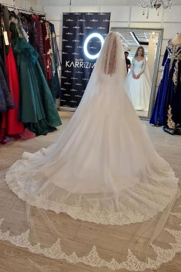Gorgeous White Long A-line V-neck Lace Wedding Dress with Sleeves by BIZTUNNEL