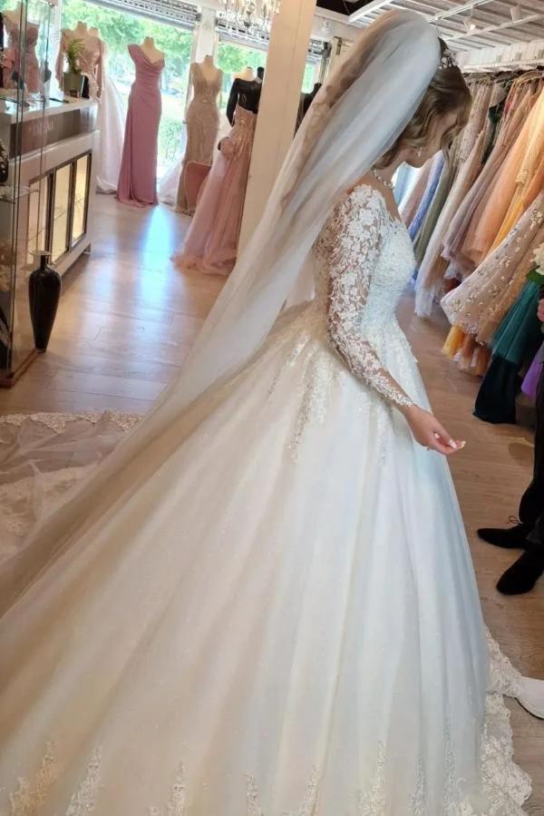 Gorgeous White Long A-line V-neck Lace Wedding Dress with Sleeves by BIZTUNNEL