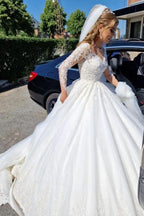 Gorgeous White Long A-line V-neck Lace Wedding Dress with Sleeves by BIZTUNNEL