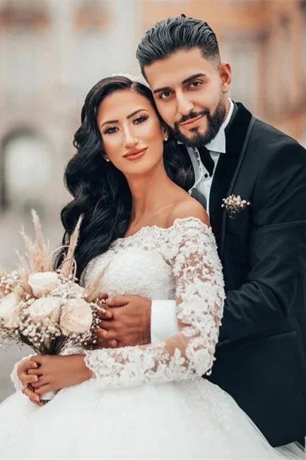 Gorgeous White Long Sleeves Lace Ball Gown Aline Floral Tulle Wedding Dresses by misshow.com