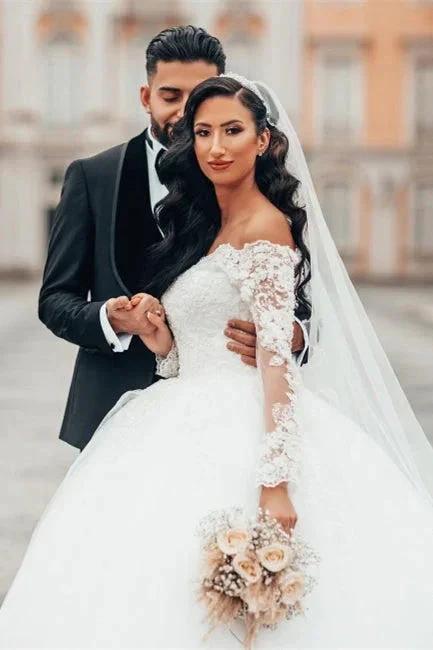 Gorgeous White Long Sleeves Lace Ball Gown Aline Floral Tulle Wedding Dresses by misshow.com