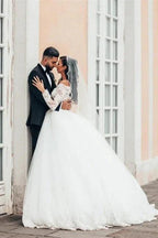 Gorgeous White Long Sleeves Lace Ball Gown Aline Floral Tulle Wedding Dresses by misshow.com