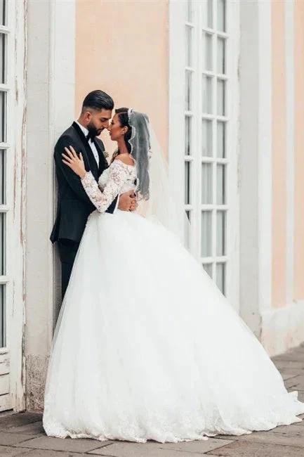 Gorgeous White Long Sleeves Lace Ball Gown Aline Floral Tulle Wedding Dresses by misshow.com