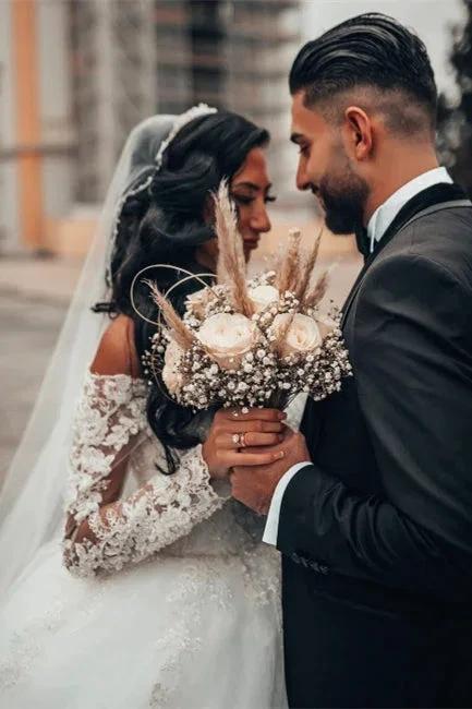 Gorgeous White Long Sleeves Lace Ball Gown Aline Floral Tulle Wedding Dresses by misshow.com