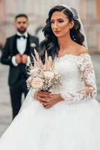 Gorgeous White Long Sleeves Lace Ball Gown Aline Floral Tulle Wedding Dresses by misshow.com
