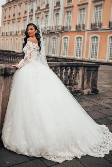 Gorgeous White Long Sleeves Lace Ball Gown Aline Floral Tulle Wedding Dresses by misshow.com