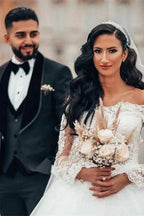Gorgeous White Long Sleeves Lace Ball Gown Aline Floral Tulle Wedding Dresses by misshow.com