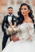 Gorgeous White Long Sleeves Lace Ball Gown Aline Floral Tulle Wedding Dresses by misshow.com