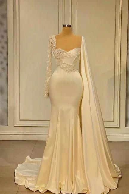 Gorgeous White Sweetheart Long Sleeves Beading Mermaid Prom Dresses by misshow.com
