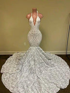 Gorgeous White V-Neck Sleeveless Prom Dress Mermaid Lace Bottom Flowers by misshow.com