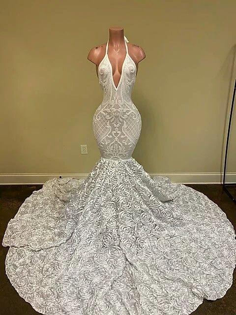 Gorgeous White V-Neck Sleeveless Prom Dress Mermaid Lace Bottom Flowers by misshow.com