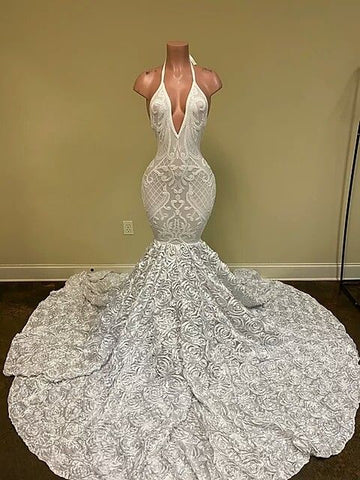 Gorgeous White V-Neck Sleeveless Prom Dress Mermaid Lace Bottom Flowers