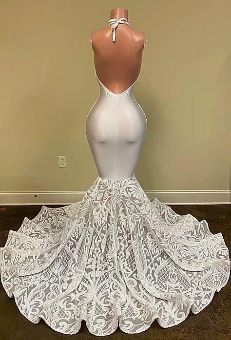 Gorgeous White V-Neck Sleeveless Prom Dress Mermaid Lace Bottom Flowers by misshow.com
