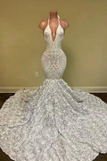 Gorgeous White V-Neck Sleeveless Prom Dress Mermaid Lace Bottom Flowers by misshow.com