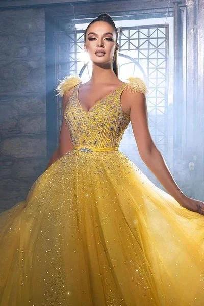 Gorgeous Yellow Sequined Sleeveless Long A-line Prom Dress With Beads by misshow.com