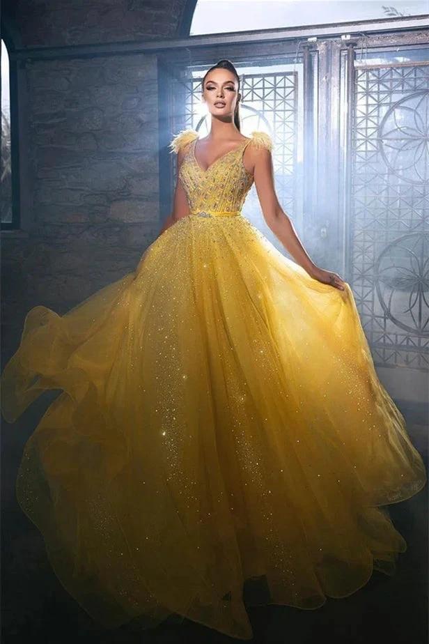 Gorgeous Yellow Sequined Sleeveless Long A-line Prom Dress With Beads by misshow.com
