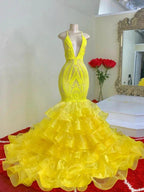 Gorgeous Yellow Spaghetti Straps V-neck Tiered Transparent Lace Mermaid Prom Dresses by misshow.com