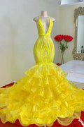 Gorgeous Yellow Spaghetti Straps V-neck Tiered Transparent Lace Mermaid Prom Dresses by misshow.com