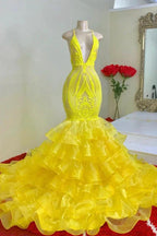Gorgeous Yellow Spaghetti Straps V-neck Tiered Transparent Lace Mermaid Prom Dresses by misshow.com