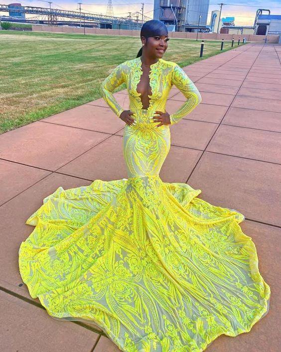 Gorgeous Yellow V-neck Long Sleeve Floor-length Appliques Mermaid Prom Dresses by misshow.com