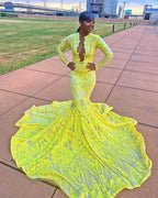 Gorgeous Yellow V-neck Long Sleeve Floor-length Appliques Mermaid Prom Dresses by misshow.com