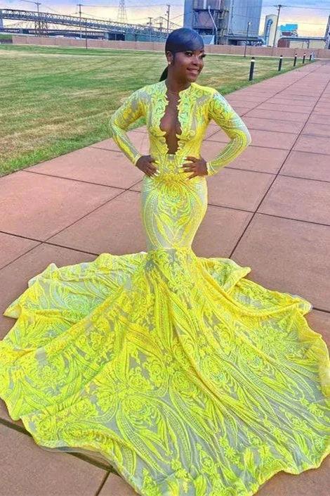 Gorgeous Yellow V-neck Long Sleeve Floor-length Appliques Mermaid Prom Dresses by misshow.com