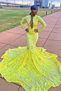 Gorgeous Yellow V-neck Long Sleeve Floor-length Appliques Mermaid Prom Dresses by misshow.com