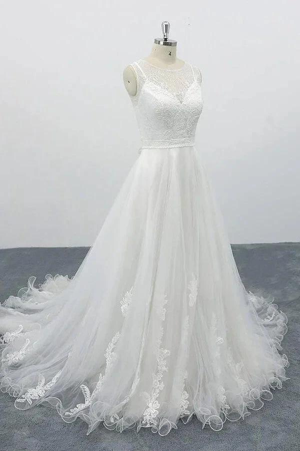 Graceful Long A-line Appliques Tulle Backless Wedding Dress by BIZTUNNEL