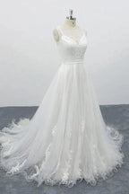 Graceful Long A-line Appliques Tulle Backless Wedding Dress by BIZTUNNEL