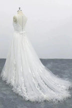 Graceful Long A-line Appliques Tulle Backless Wedding Dress by BIZTUNNEL