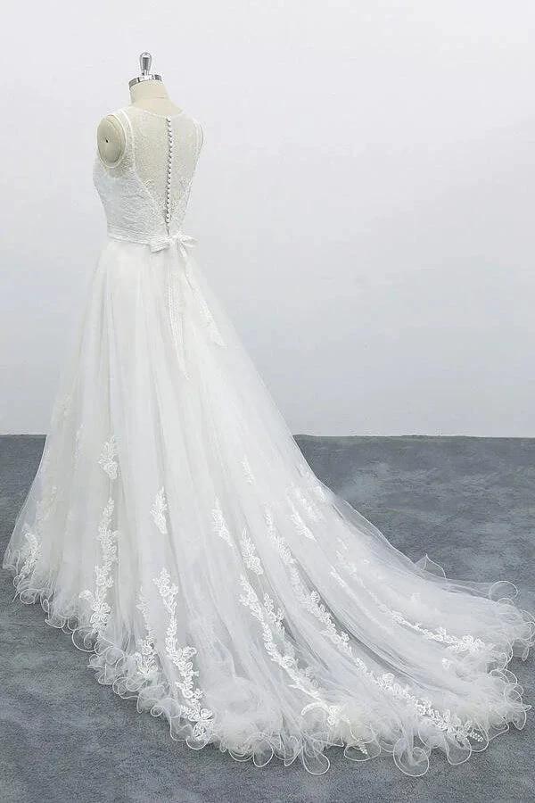 Graceful Long A-line Appliques Tulle Backless Wedding Dress by BIZTUNNEL