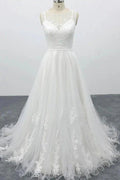 Graceful Long A-line Appliques Tulle Backless Wedding Dress by BIZTUNNEL